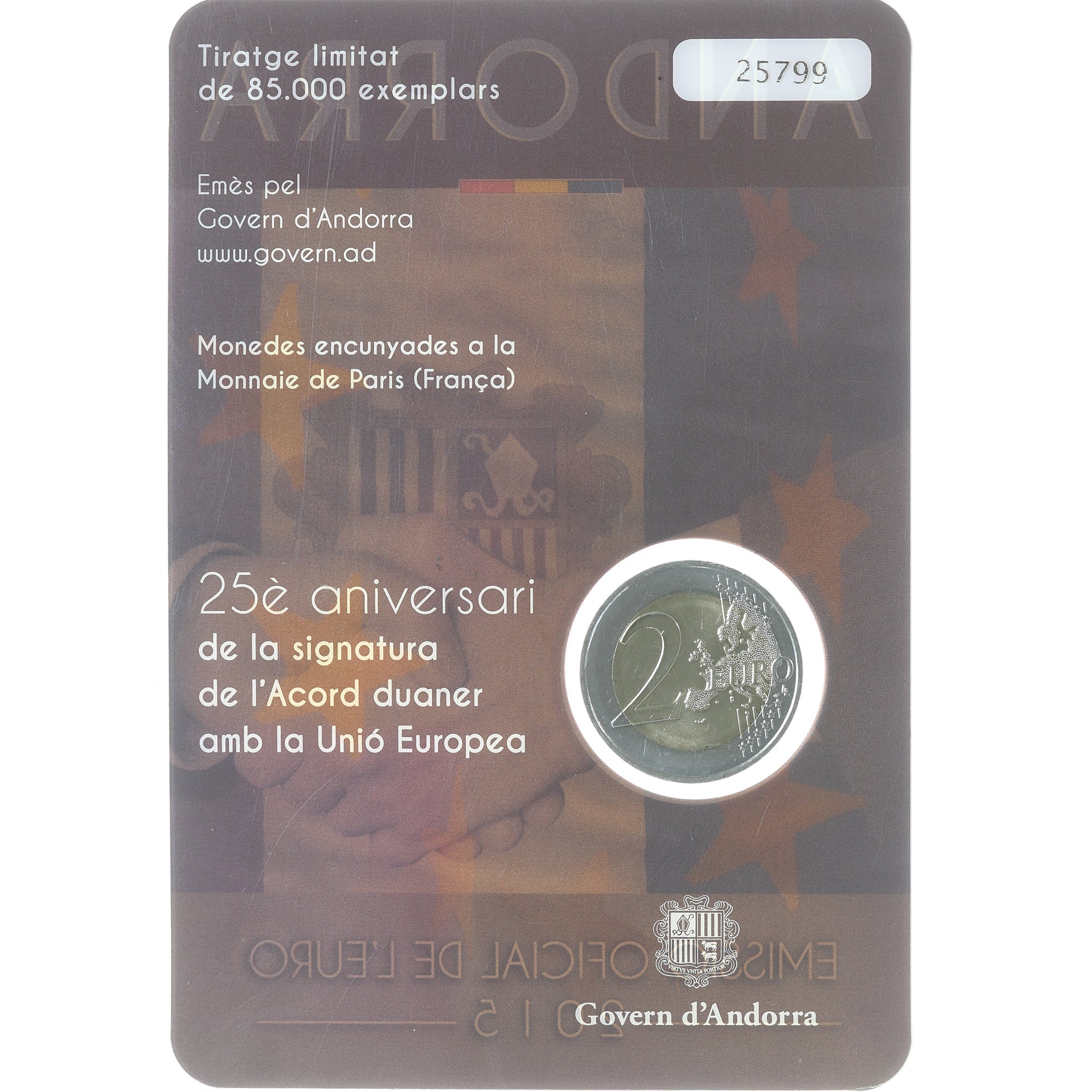 Andorra, 2 Euro, 25ème anniversaire de l'accord douanier avec l'UE, 2015, Coin
