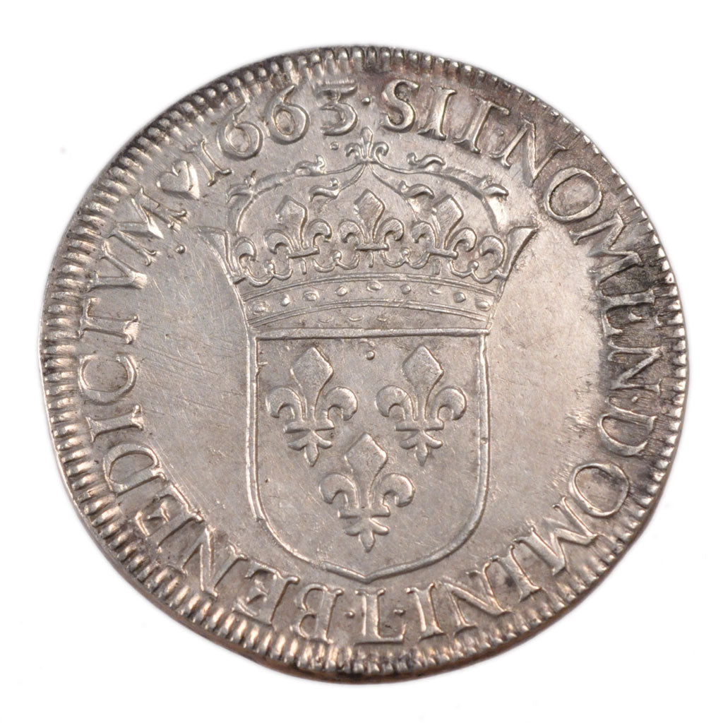 FRANCE, Écu au buste juvénile, ECU, 1663, Bayonne, KM #211.3, AU(50-53), Silver,