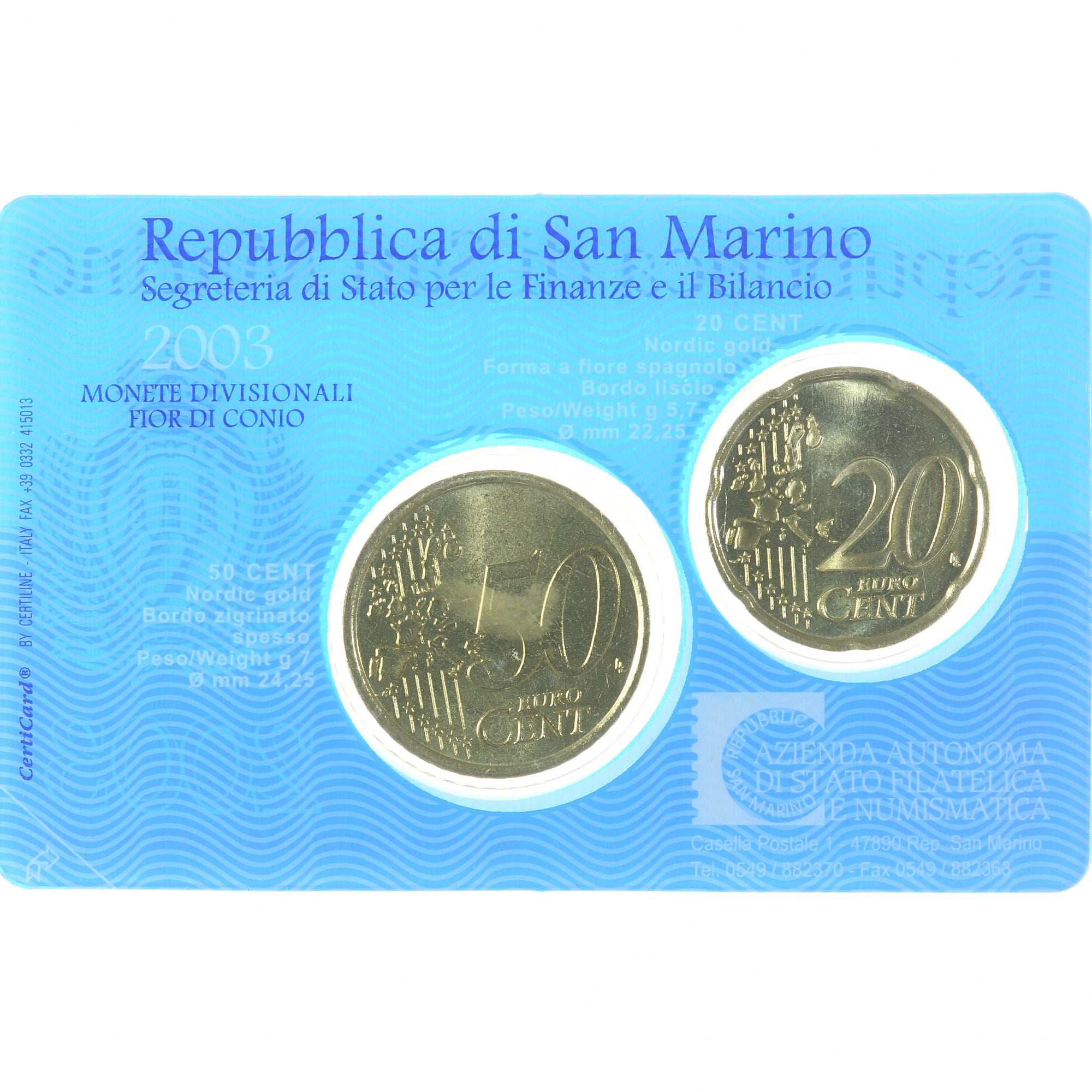 Saint Marin , Set 20 ct. & 50 ct., 2003, Coin card.FDC, FDC, Or nordique