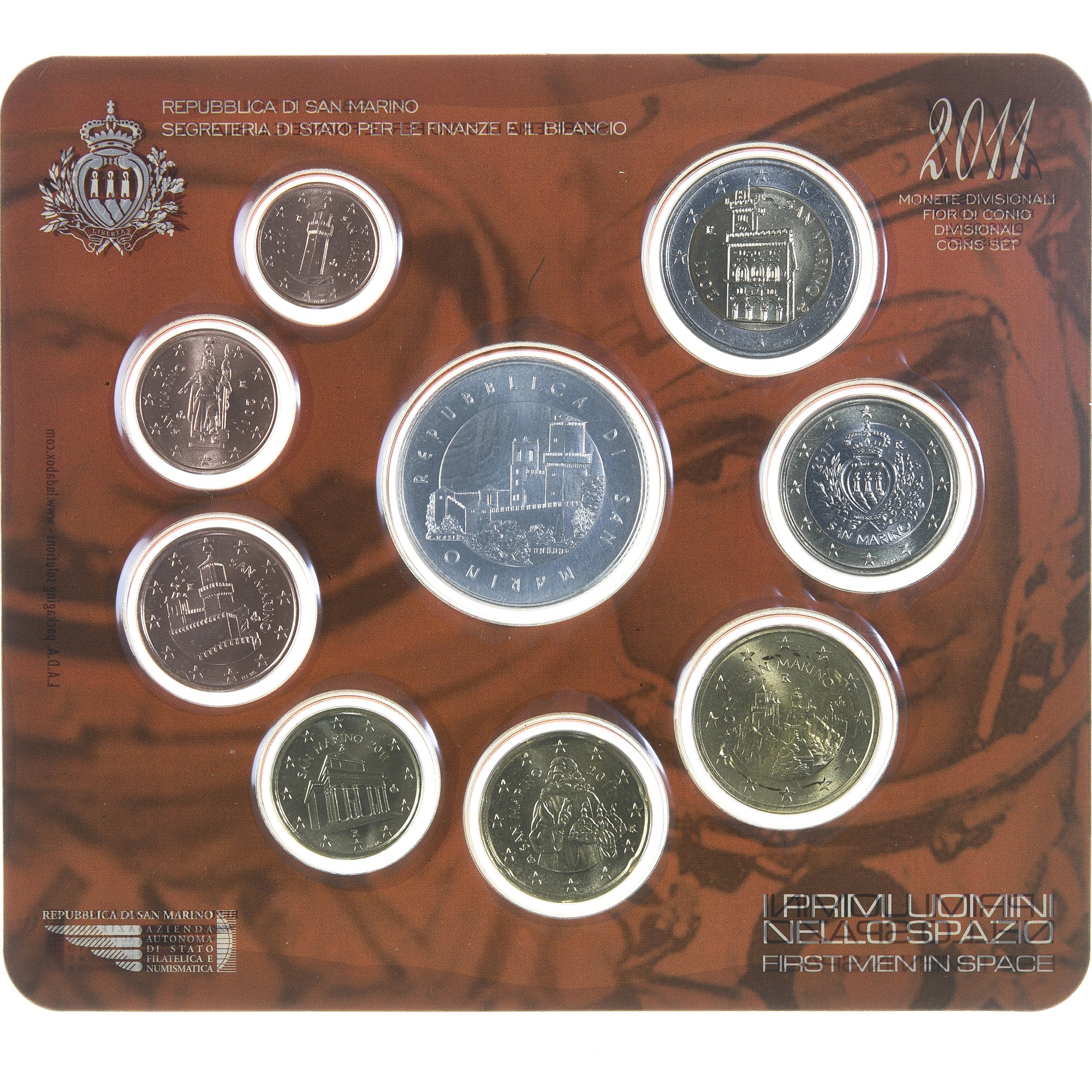 San Marino, Set 1 ct. - 5 Euro, First Men In Space, 2011, Coin card.FDC