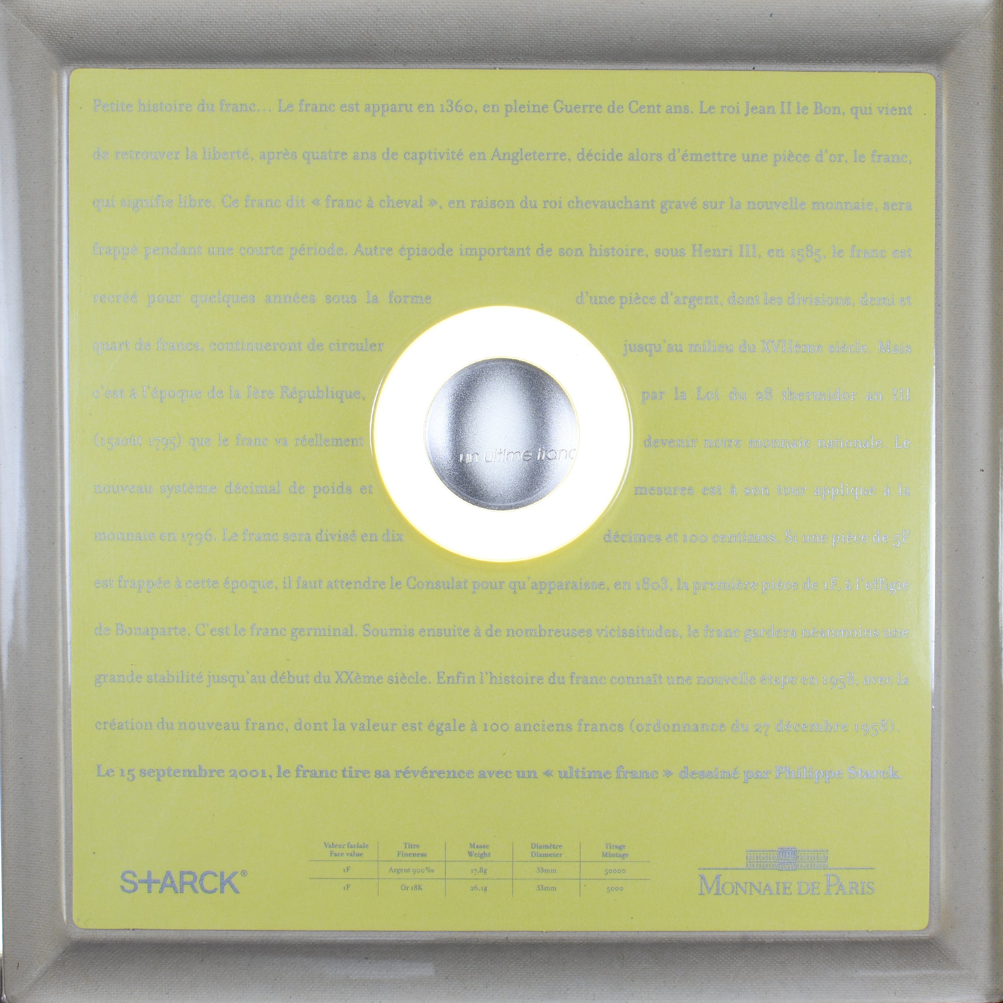 Munten, Frankrijk, Un Ultime Franc Starck, 1 Franc, 2001, Monnaie de Paris, ZF+