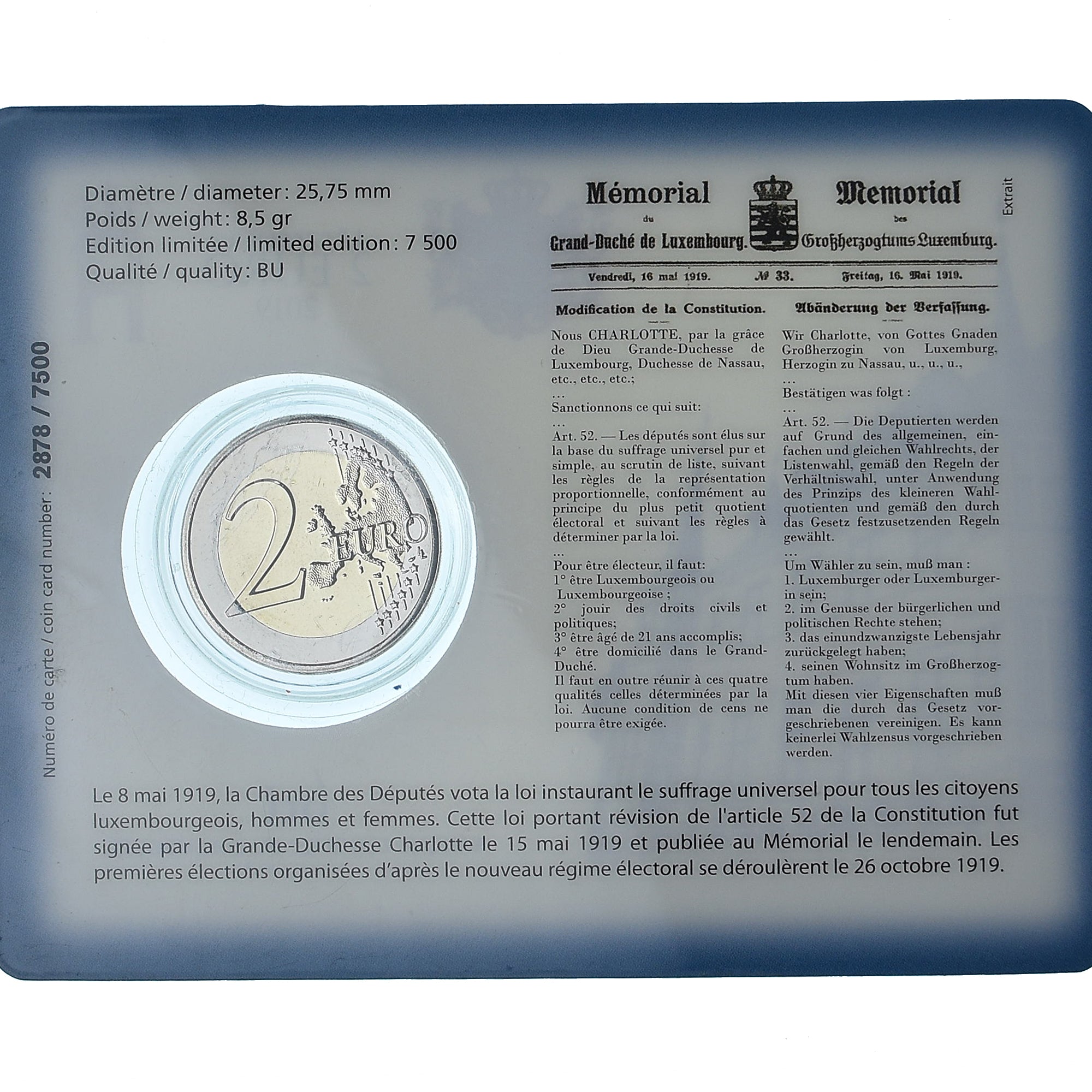 Luxembourg, 2 Euro, Centenaire du suffrage universel, 2019, Coin Card. BU