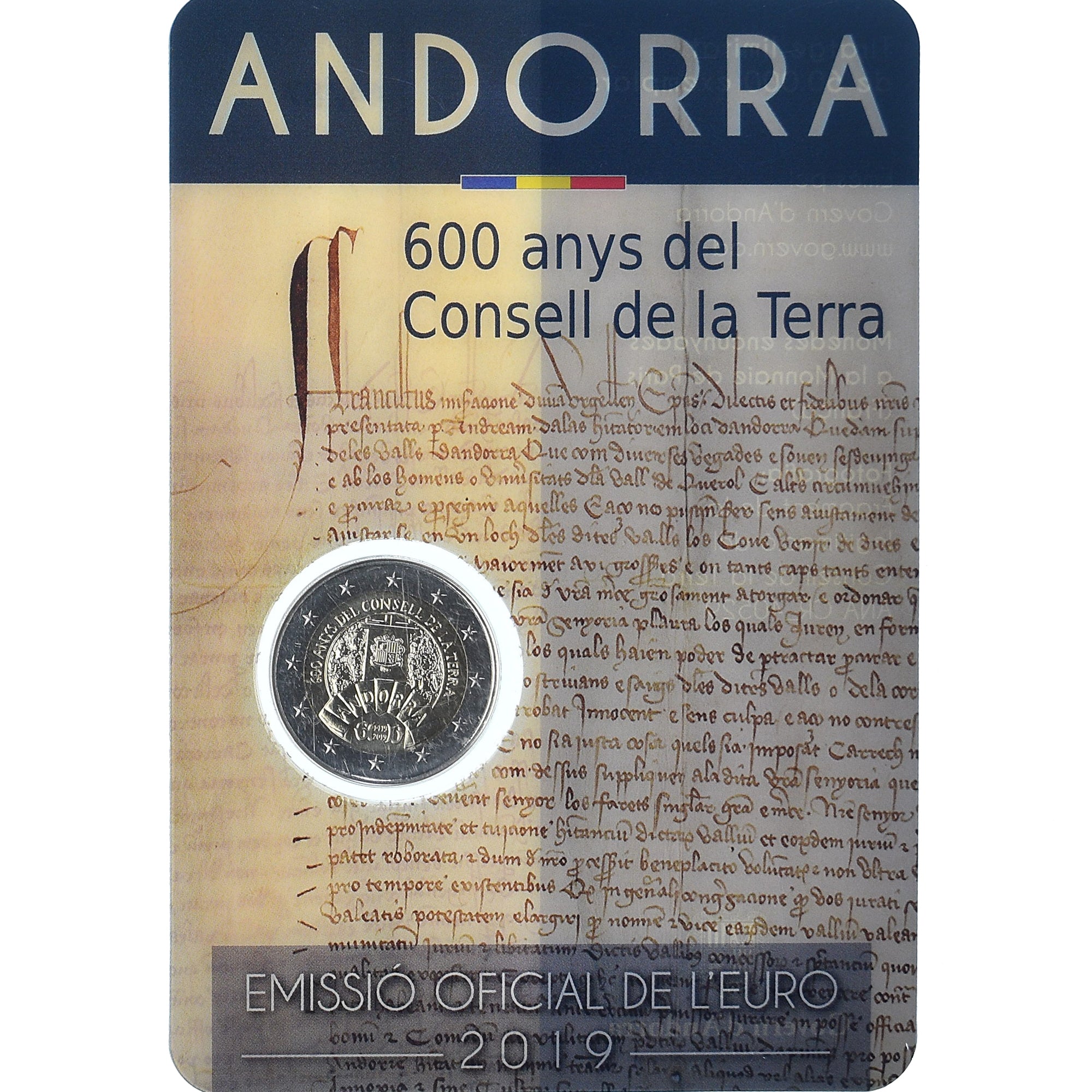 Andorre, 2 Euro, 600 ans - Conseil de la Terre, 2019, Coin card, FDC