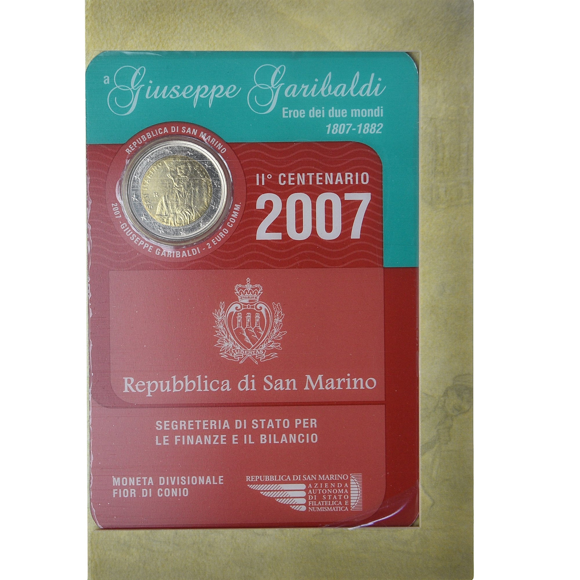 San Marino, 2 Euro, Giuseppe Garibaldi, 2007, Rome, Coin card, MS(65-70)