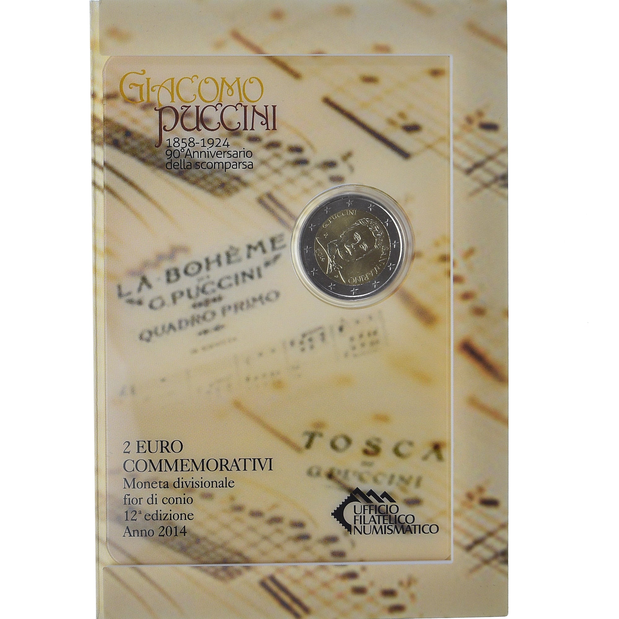 Saint Marin , 2 Euro, Giacomo Puccini, 2014, Rome, Coin card, FDC, Bimétallique