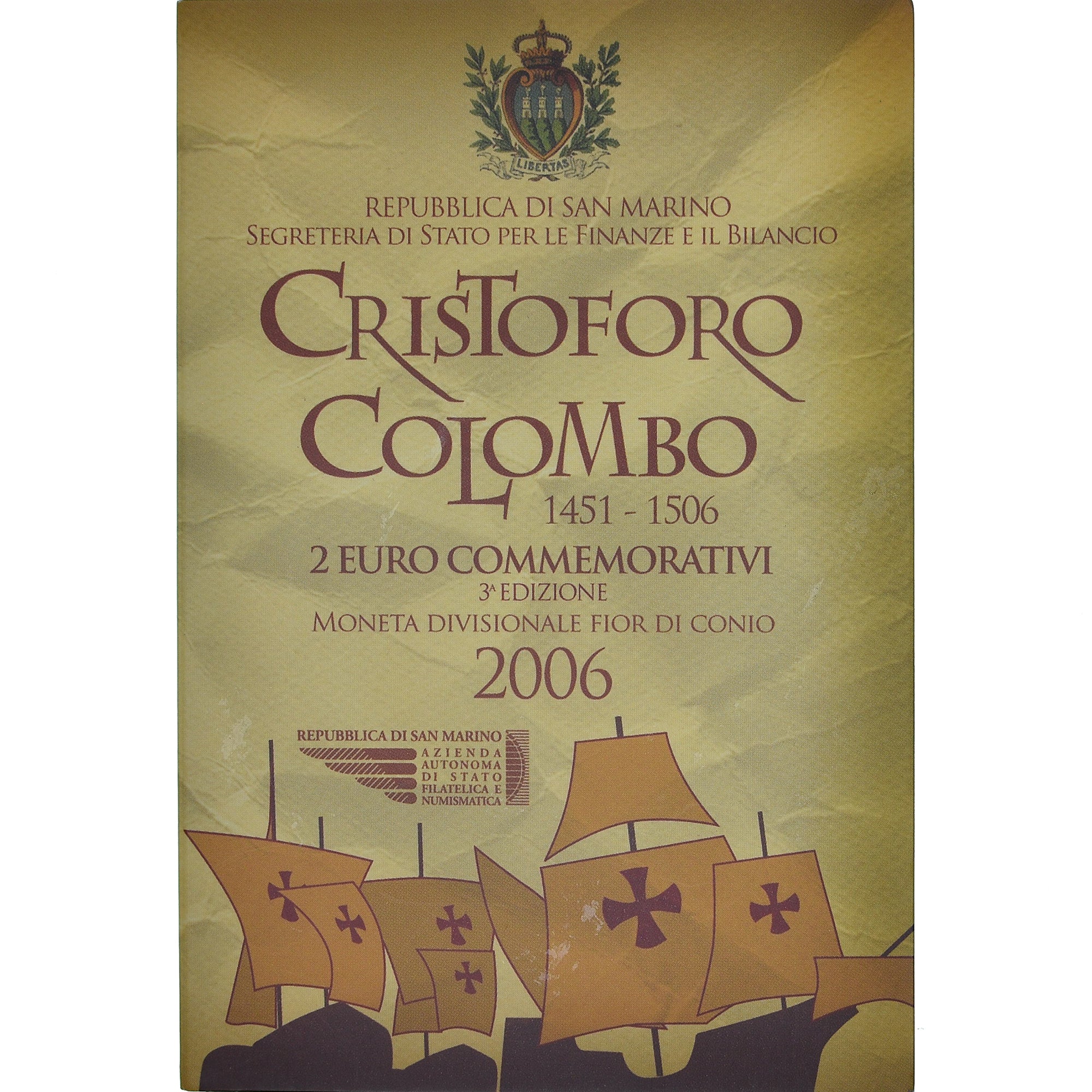 San Marino, 2 Euro, Christopher Colombus, 2006, Rome, Coin card, FDC