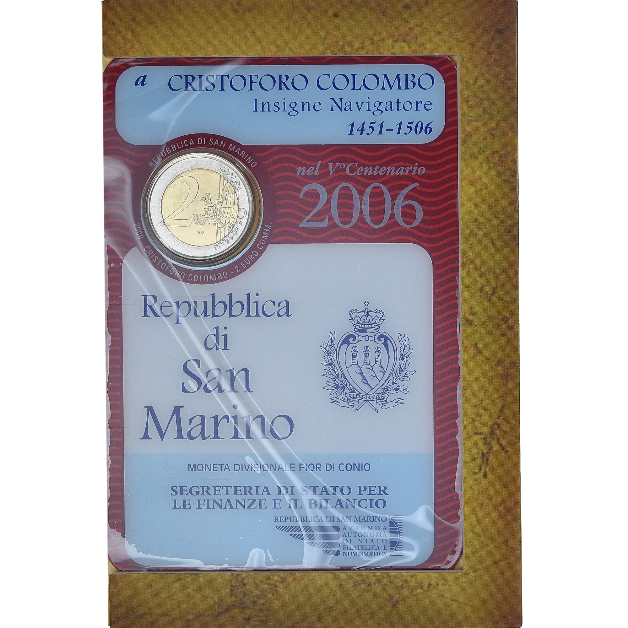 San Marino, 2 Euro, Christopher Colombus, 2006, Rome, Coin card, FDC