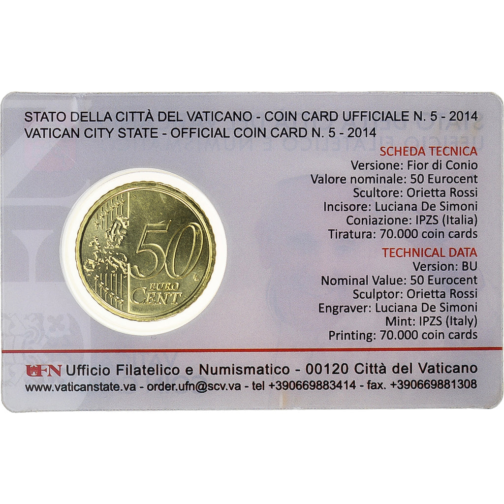 Vatican, Benedict XVI, 50 Euro Cent, 2014, Rome, Coin card, MS(65-70), Brass