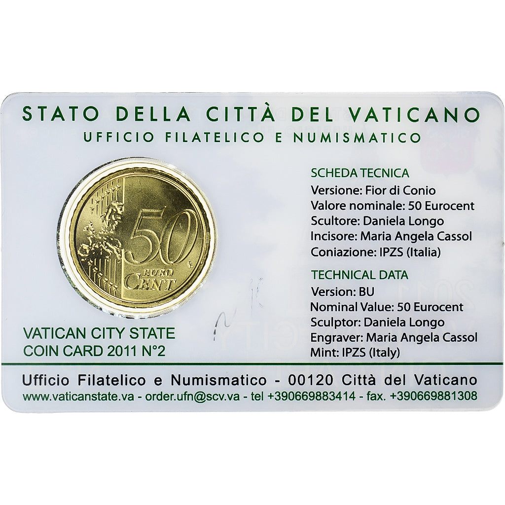 Vatican, 50 Euro Cent, 2011, Rome, Coin card, MS(65-70), Brass