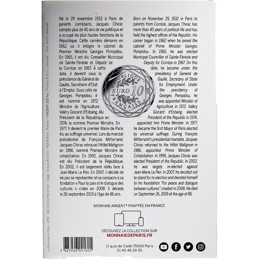 France, 10 Euro, Jacques Chirac, 2020, Monnaie de Paris, FDC, FDC, Argent