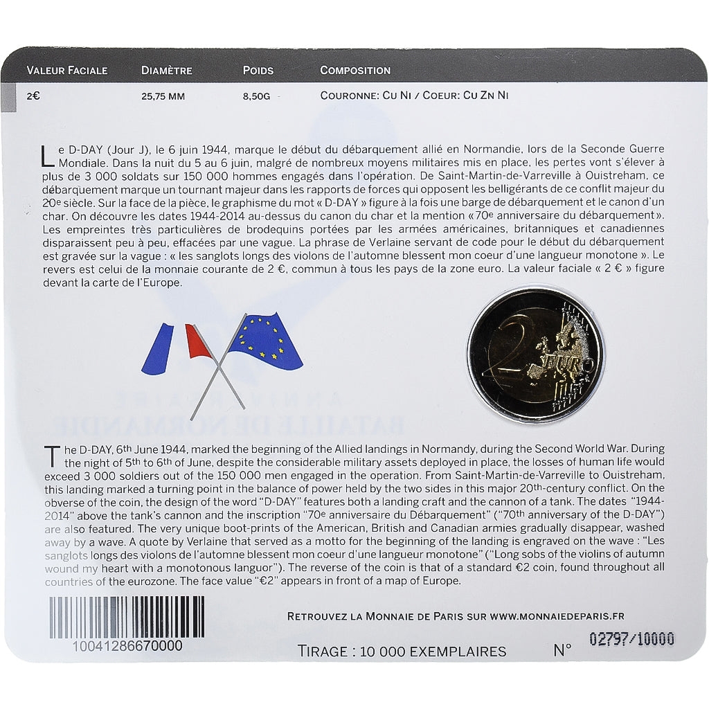 Frankreich, 2 Euro, D-day, 2014, Monnaie de Paris, Coin card.FDC, STGL