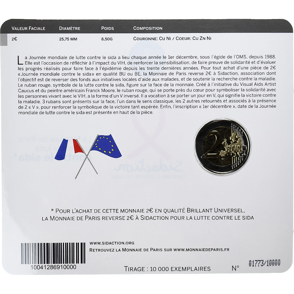 France, 2 Euro, Sidaction, 2014, Monnaie de Paris, Coin card.FDC, FDC
