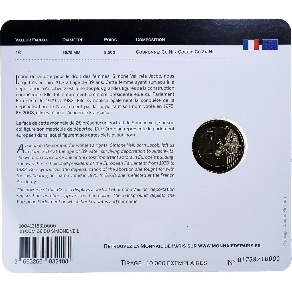 Francja, 2 Euro, Simone Veil, 2018, Monnaie de Paris, Coin card.FDC, MS(65-70)