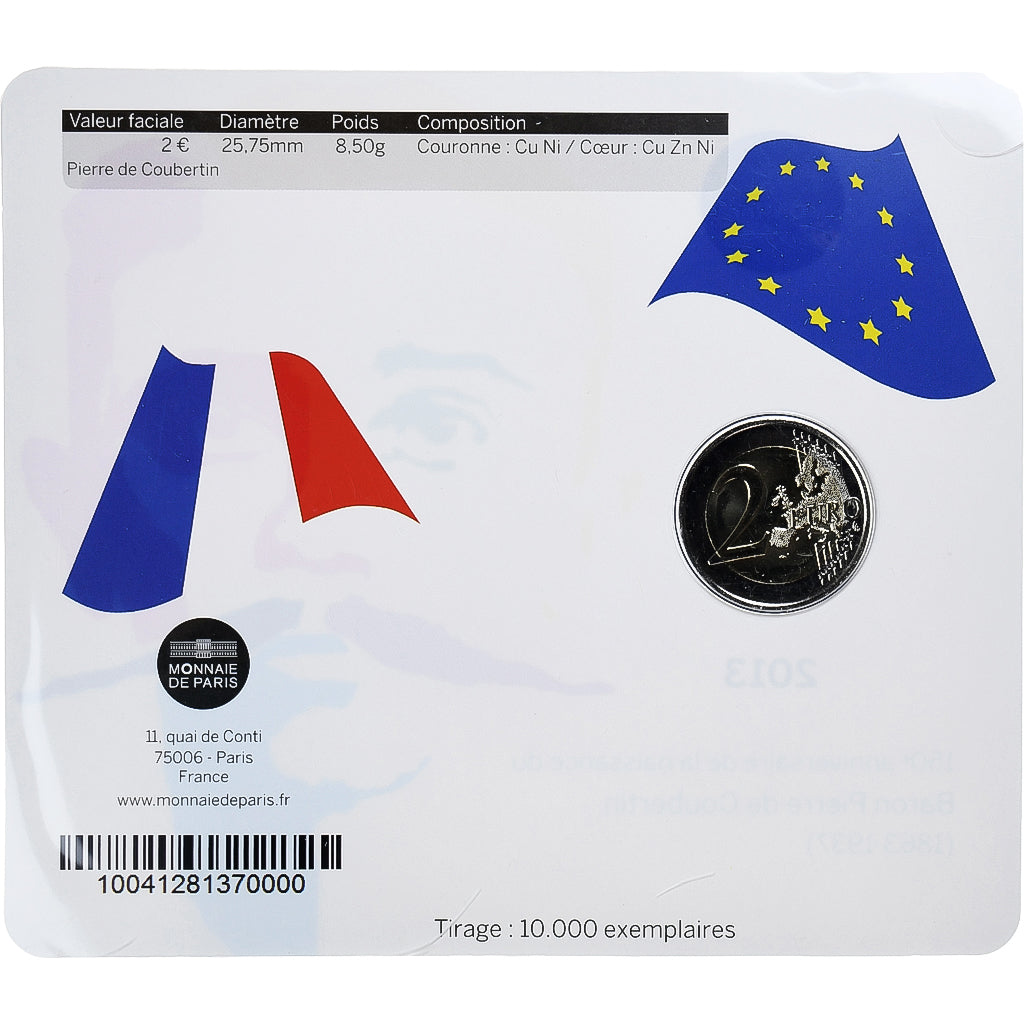 France, 2 Euro, Pierre de Coubertin, 2013, Monnaie de Paris, Coin card.FDC, FDC