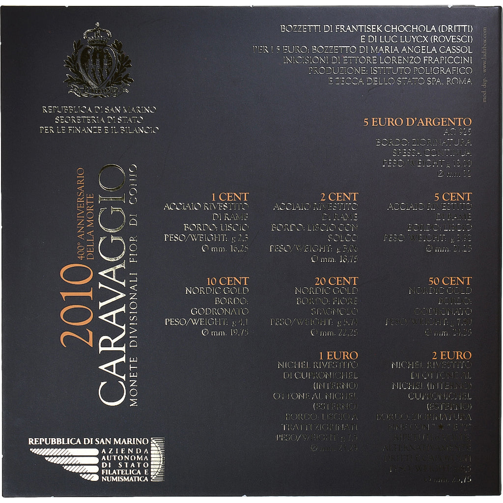 San Marino, Set 1 ct. - 5 Euro, Caravaggio, 2010, Coin card.FDC, FDC, Sin