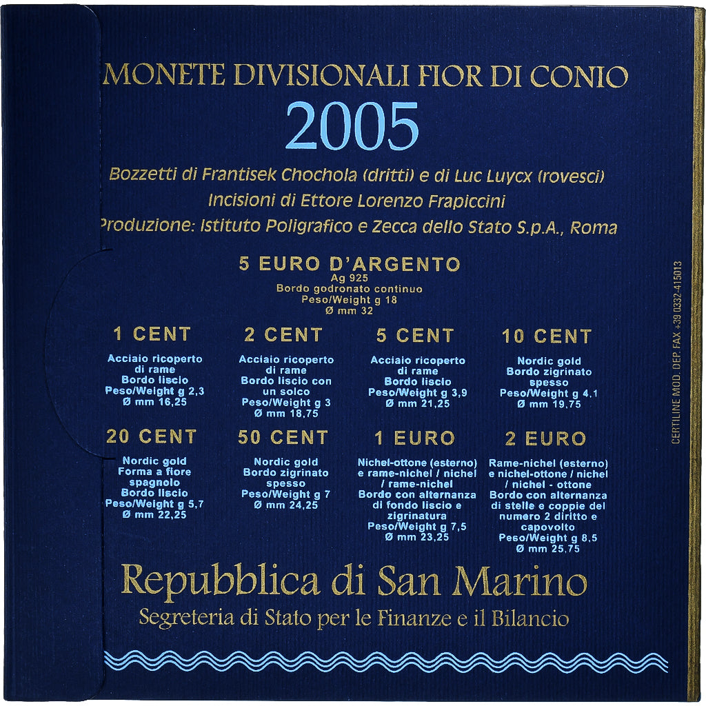 San Marino, Set 1 ct. - 5 Euro, Série Divisionnelle, 2005, Coin Card .BU
