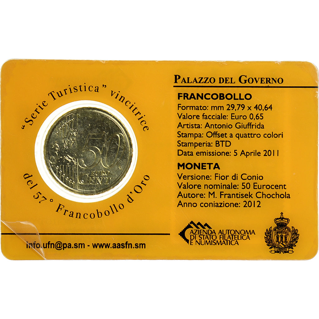 San Marino, 50 Euro Cent, Palazzo del Governo, 2012, Rome, Coin card.FDC, FDC