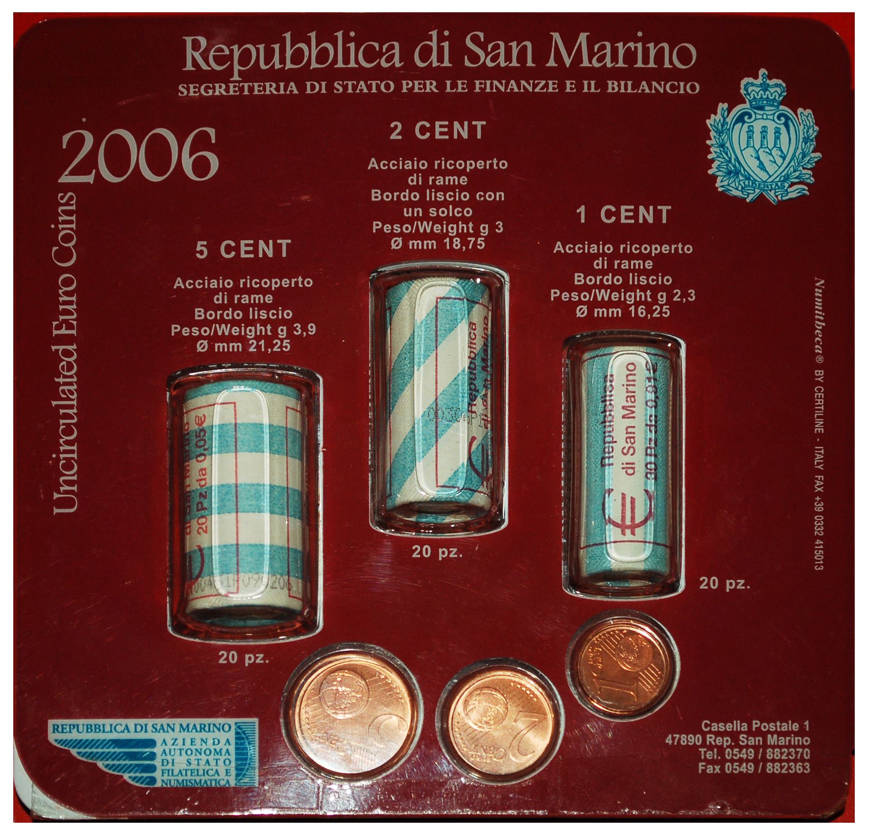 Saint Marin , Set 1 ct., 2 cts. & 5 cts., 2006, Rome, Coin card.FDC, FDC, Cuivre