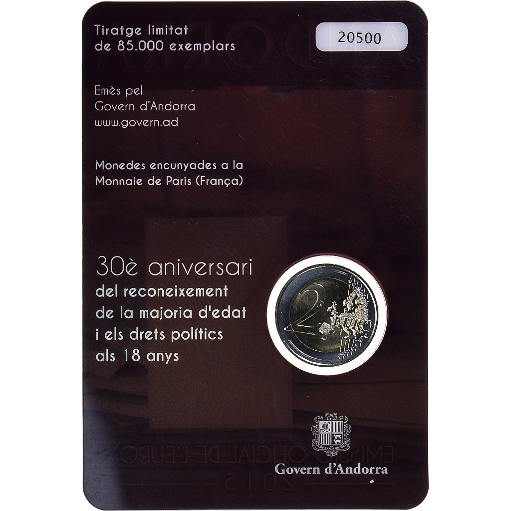 Andorra, 2 Euro, majorité à 18 ans, 2015, Coin card, MS(65-70), Bimetaliczny