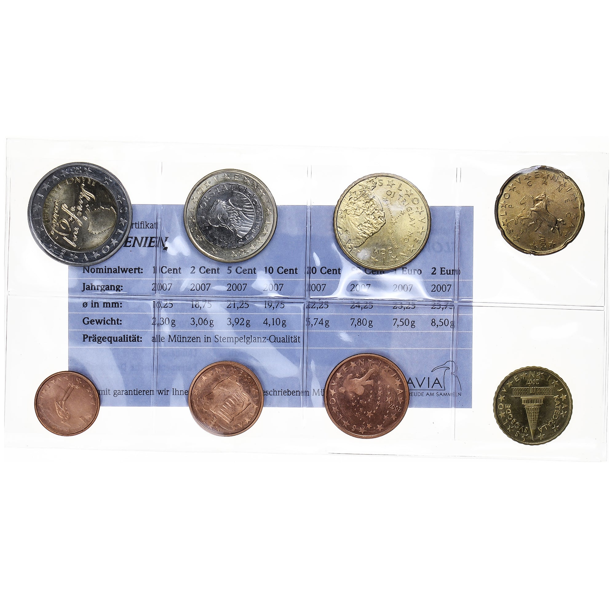 Słowenia, Set 1 ct. - 2 Euro, 2007, FDC, MS(65-70), ND