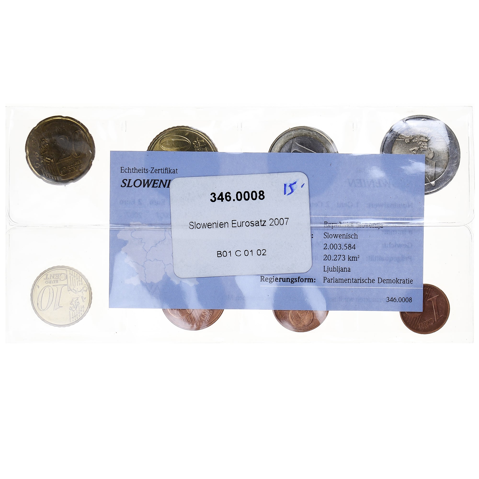 Słowenia, Set 1 ct. - 2 Euro, 2007, FDC, MS(65-70), ND