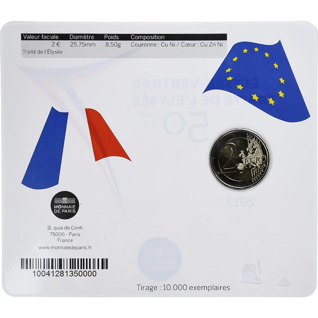 Francia, 2 Euro, 50 ans du traité de l'Élysée, 2013, Paris, Coin card, FDC