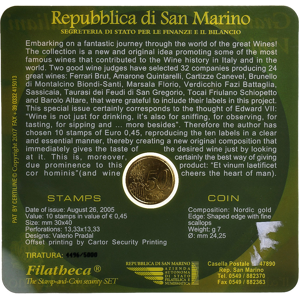 Saint Marin , 50 Euro Cent, Grandi Vini, 2007, Rome, Coin card.FDC, FDC, Laiton