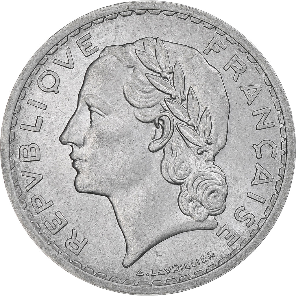 Moneda, Francia, Lavrillier, 5 Francs, 1949, Beaumont - Le Roger, SC, Aluminio