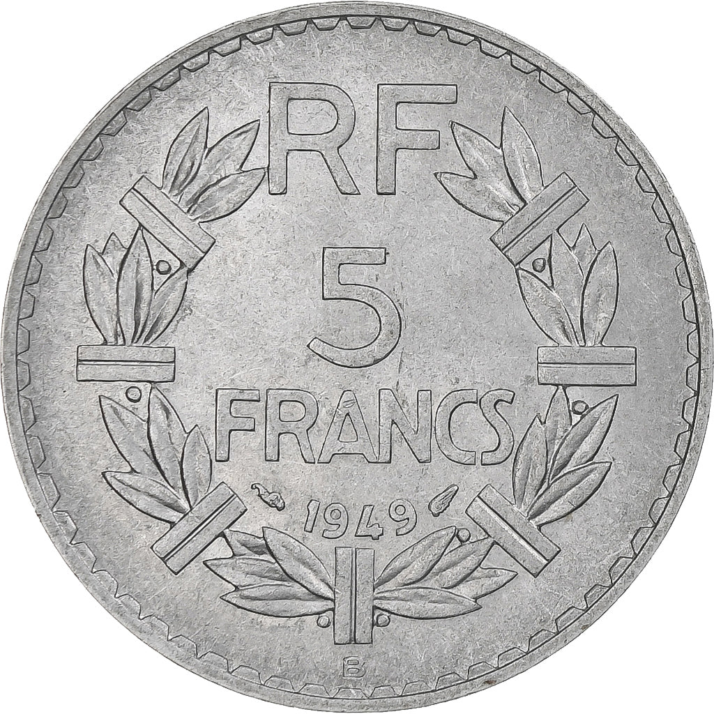 Moneda, Francia, Lavrillier, 5 Francs, 1949, Beaumont - Le Roger, SC, Aluminio