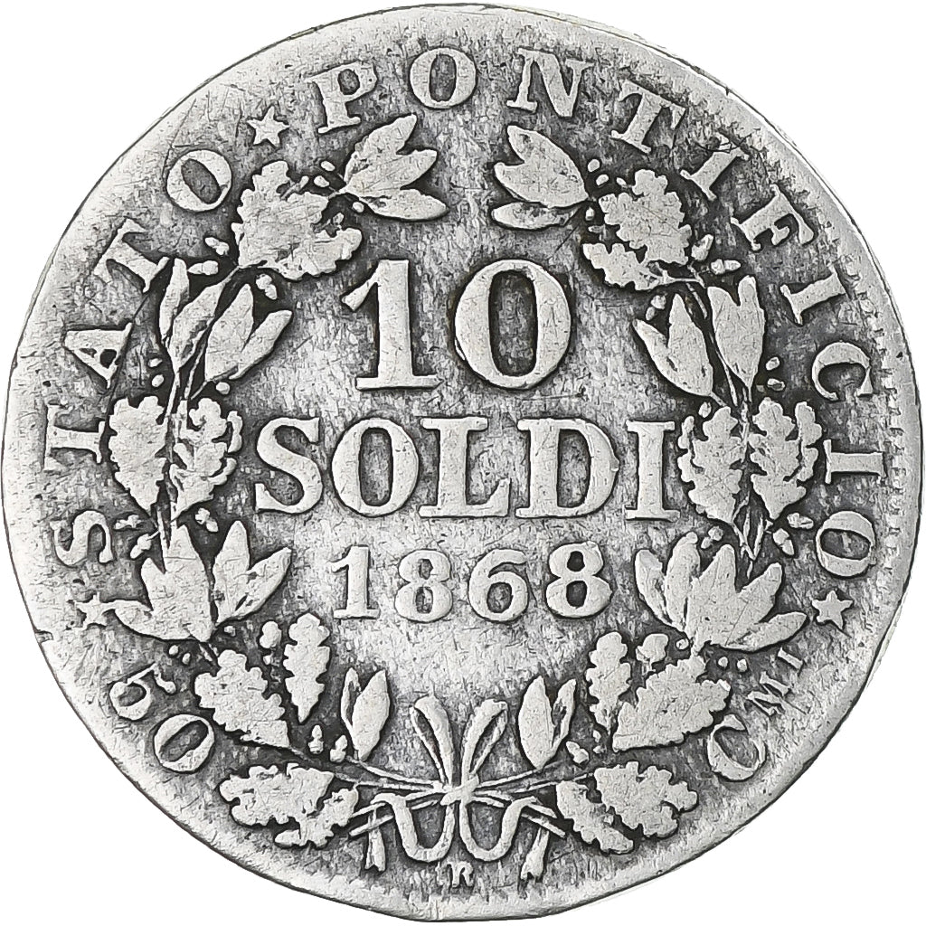 Moneta, Vaticano, Pius IX, 10 Soldi, 1868, Rome, MB, Argento, KM:1376