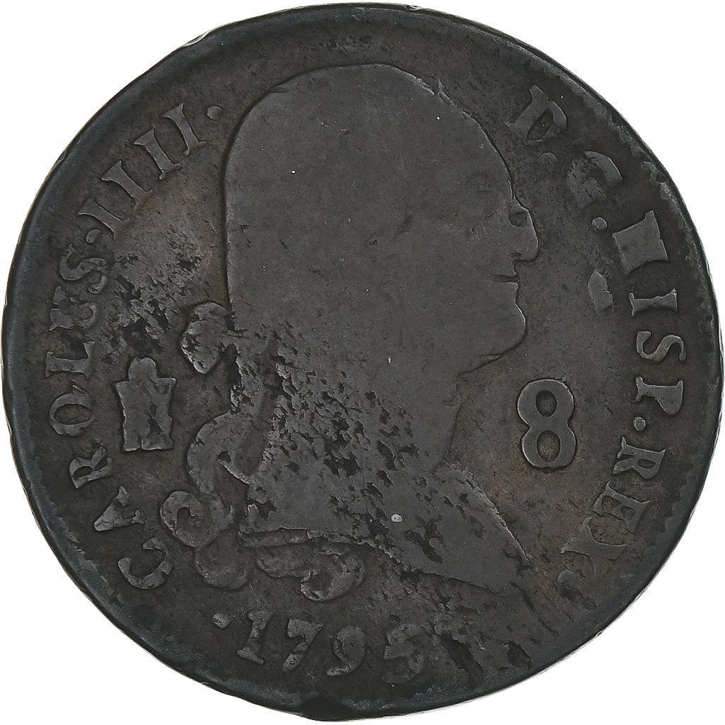 Hiszpania, Charles IV, 8 Maravedis, 1795, Segovia, F(12-15), Miedź