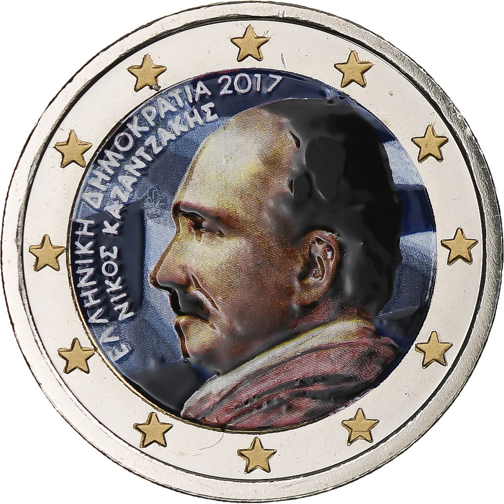 Grecia, 2 Euro, Nikos Kazantzakis, 2017, Athens, Colorized, SPL+, Bi-metallico