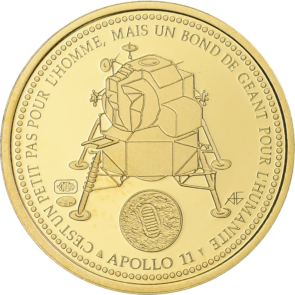 França, medalha, Apollo 11, Le Premier Homme sur la Lune, MS(65-70), Dourado