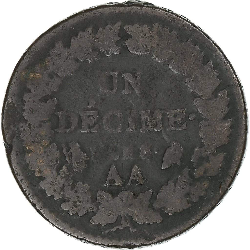Frankreich, Dupré, 1 Décime, AN 8, Metz, Avers 5 Centimes, SGE+, Bronze
