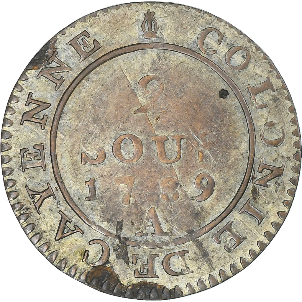 GUAYANA FRANCESA, Cayenne, Louis XVI, 2 Sous, 1789, Paris, BC+, Cobre