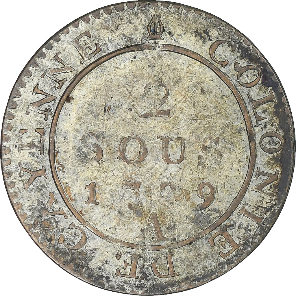 FRENCH GUIANA, Cayenne, Louis XVI, 2 Sous, 1789, Paris, EF(40-45), Copper