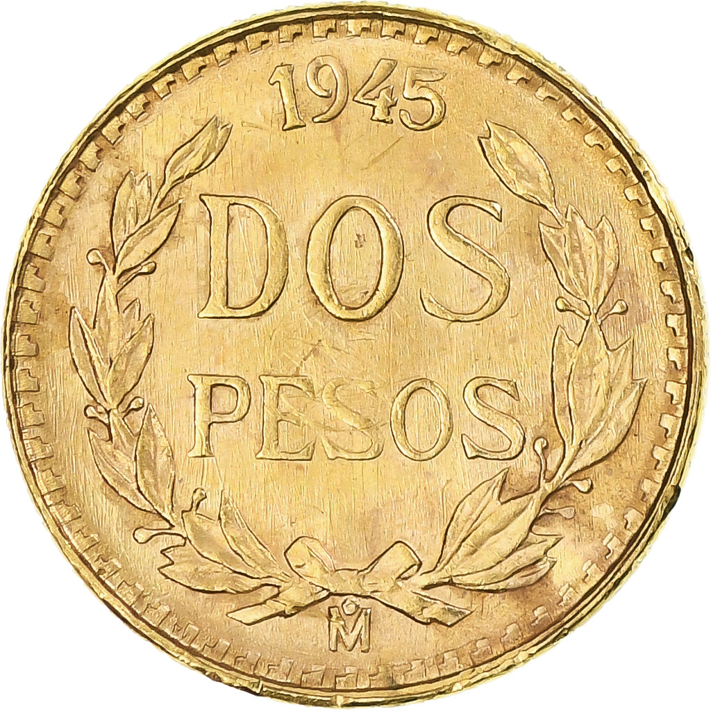 Mexico, 2 Pesos, 1945, Mexico City, MS(63), Gold, KM:461