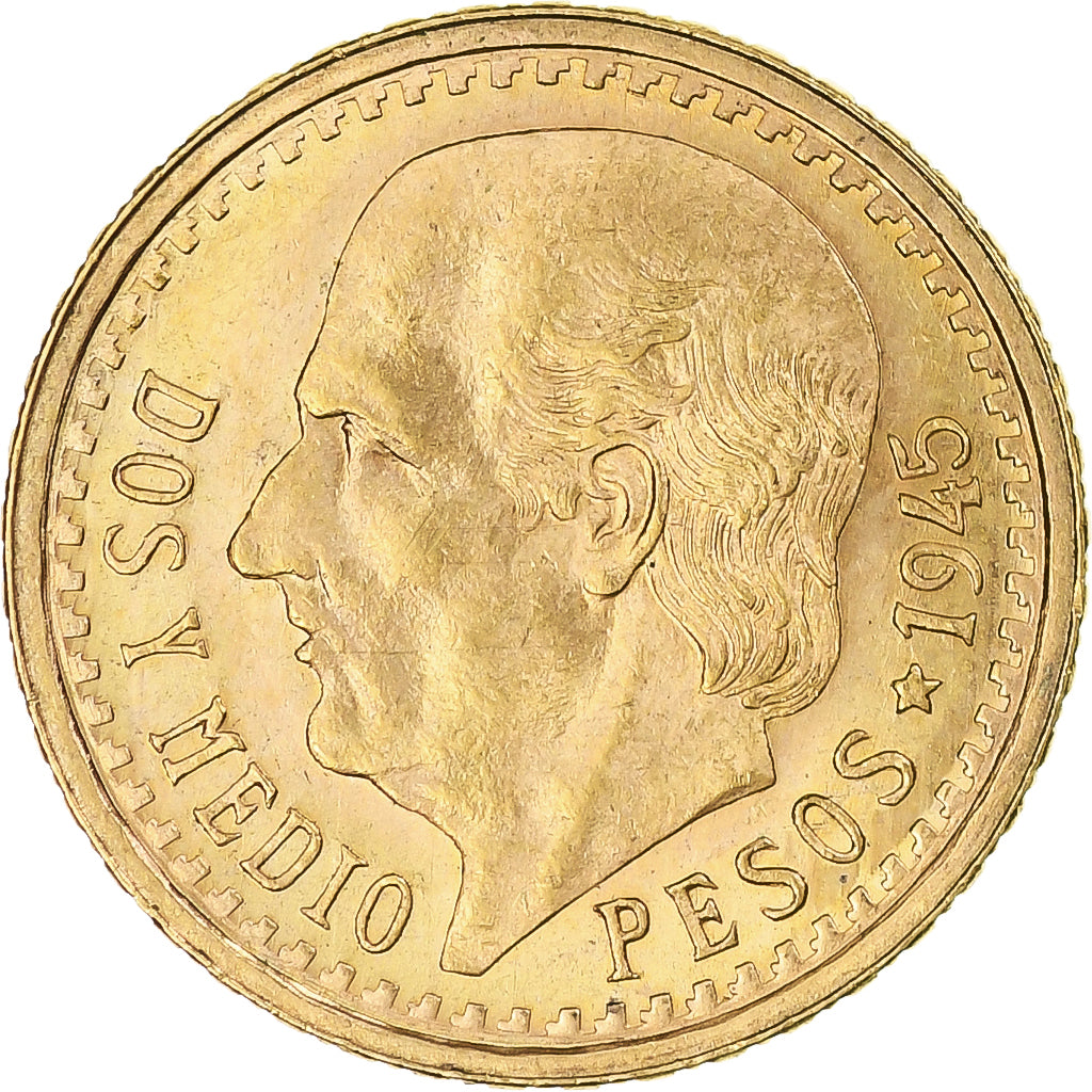 Mexico, 2-1/2 Pesos, 1945, Mexico City, MS(63), Gold, KM:463