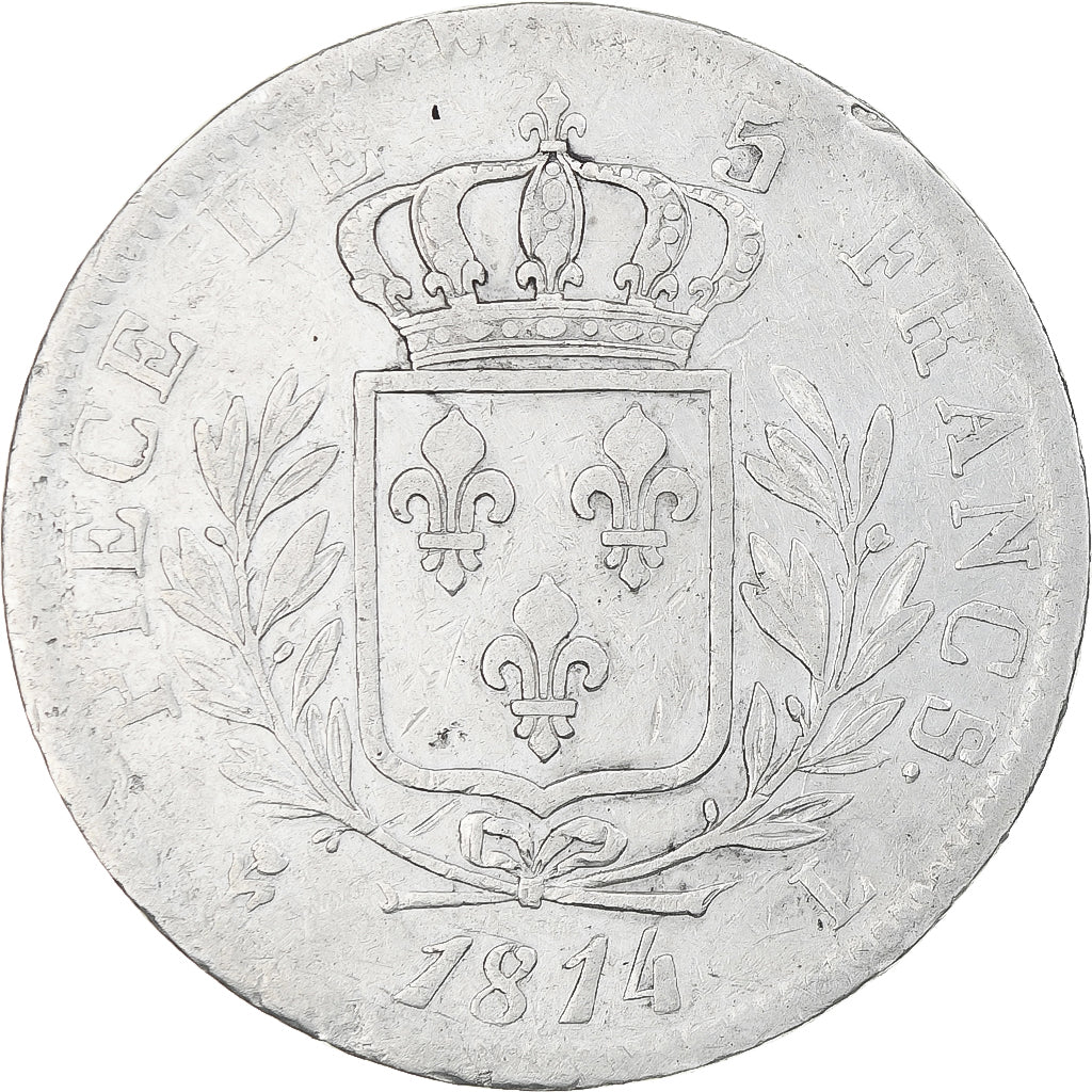 France, Louis XVIII, 5 Francs, 1814, Bayonne, VF(30-35), Silver, KM:702.8