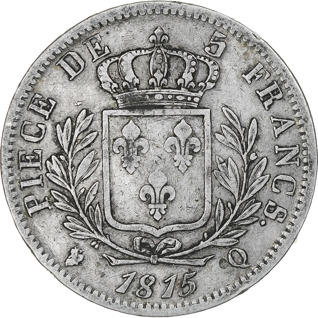 France, Louis XVIII, 5 Francs, 1815, Perpignan, VF(30-35), Silver, KM:702.11