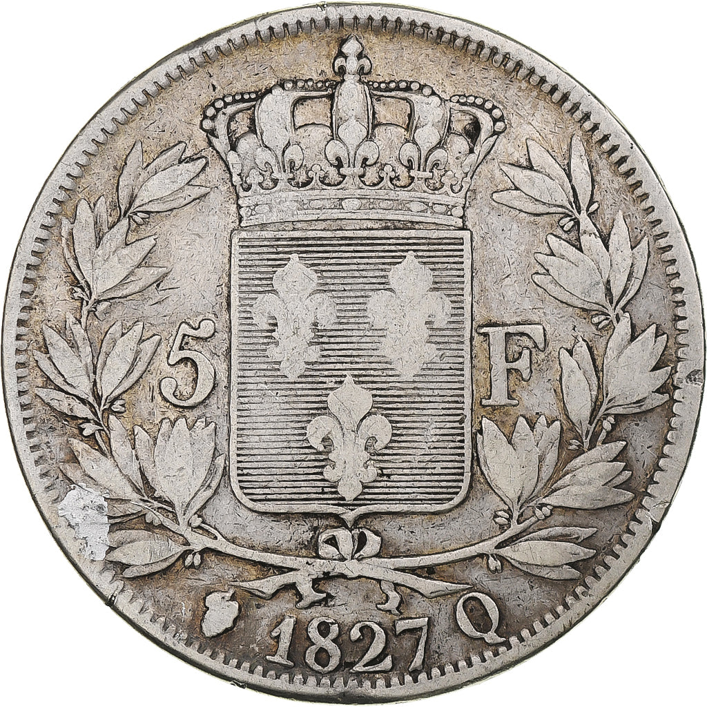 Francia, Charles X, 5 Francs, 1827, Perpignan, MB, Argento, KM:728.11