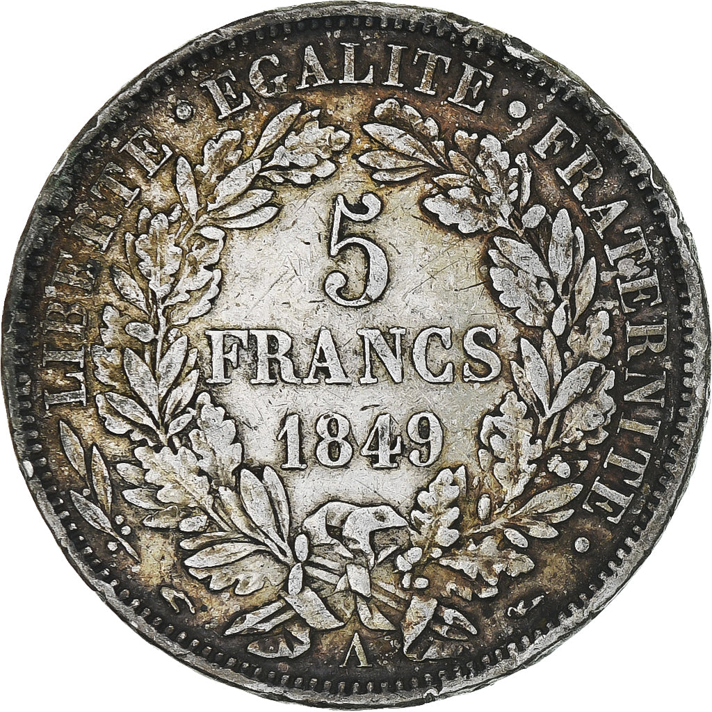 Frankrijk, Cérès, 5 Francs, 1849, Paris, main-chien, ZF, Zilver, KM:761.1