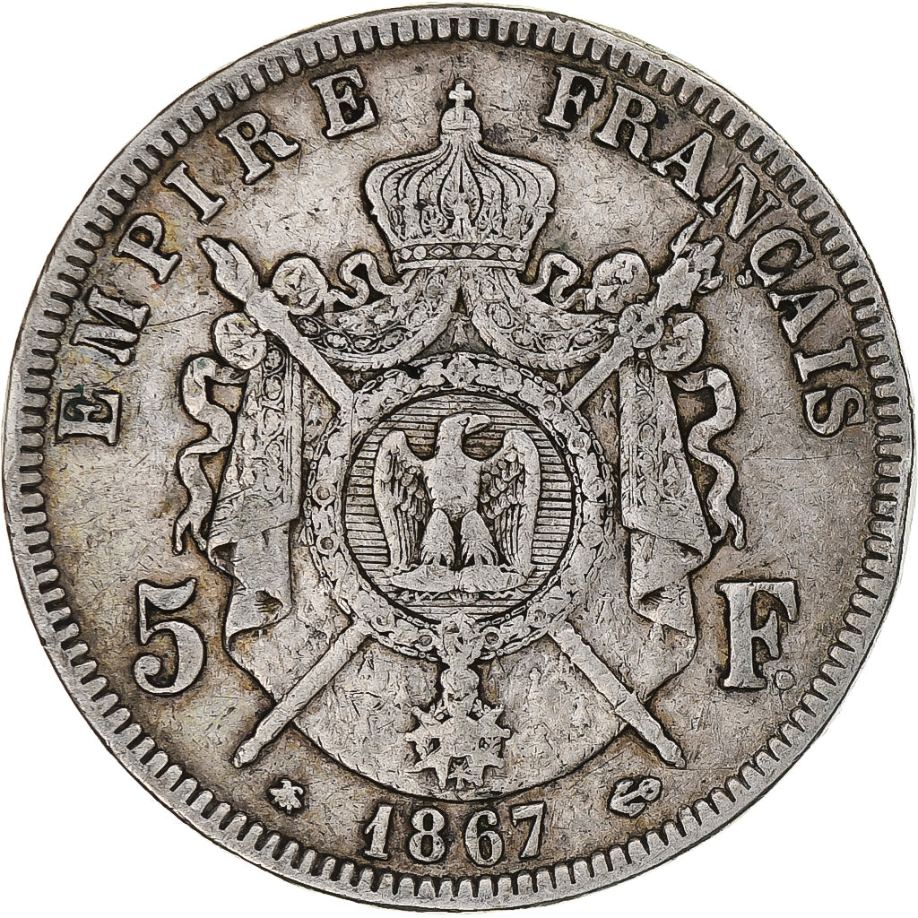 France, Napoleon III, 5 Francs, 1867, Paris, VF(30-35), Silver, KM:799.1