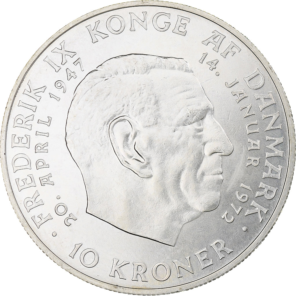 Dania, Margrethe II, 10 Kroner, 1972, Copenhagen, MS(64), Srebro, KM:858