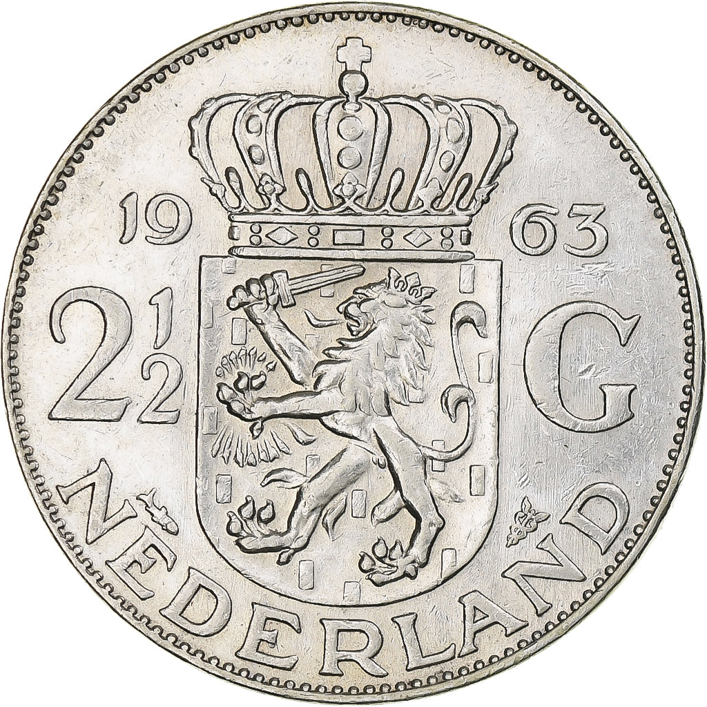 Netherlands, Juliana, 2-1/2 Gulden, 1963, Utrecht, MS(63), Silver, KM:185