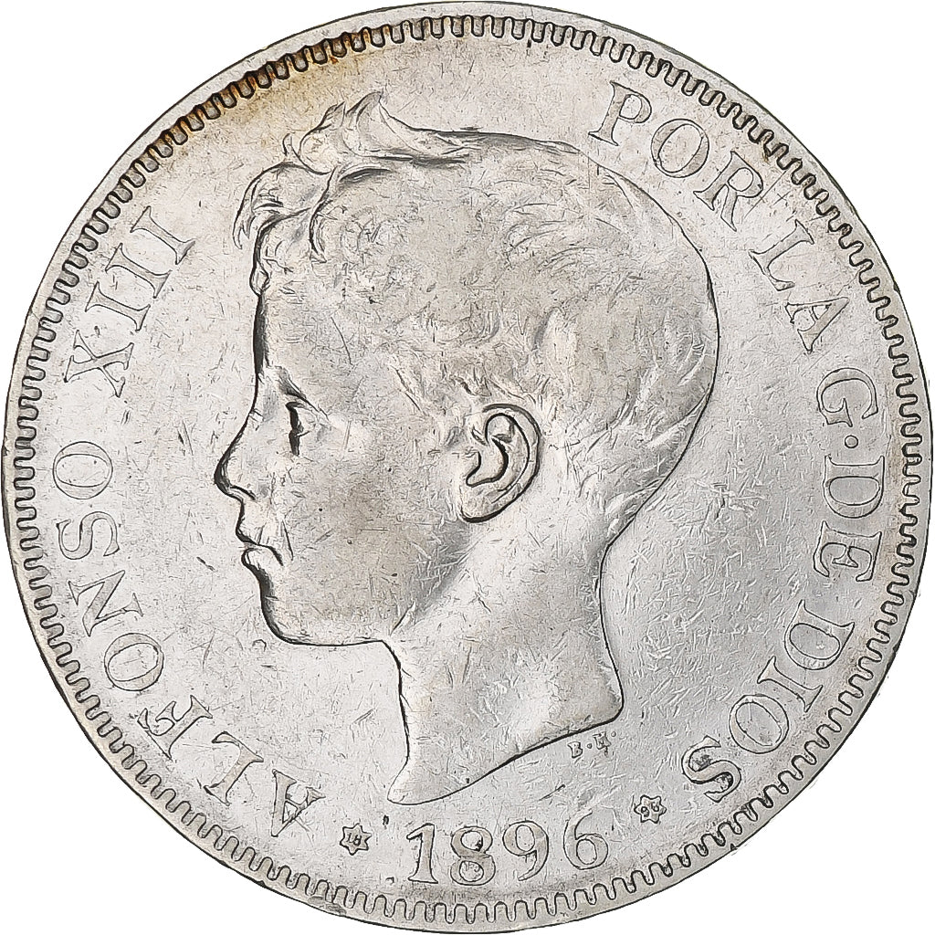 Spanje, Alfonso XIII, 5 Pesetas, 1896, Madrid, ZF+, Zilver, KM:707