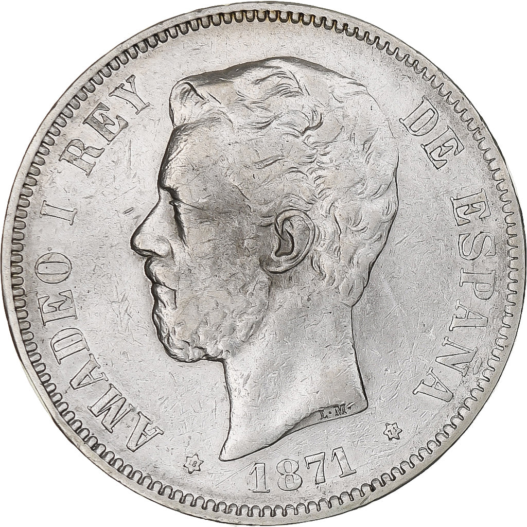 Espagne, Amadeao I, 5 Pesetas, 1871, Madrid, TTB, Argent, KM:666