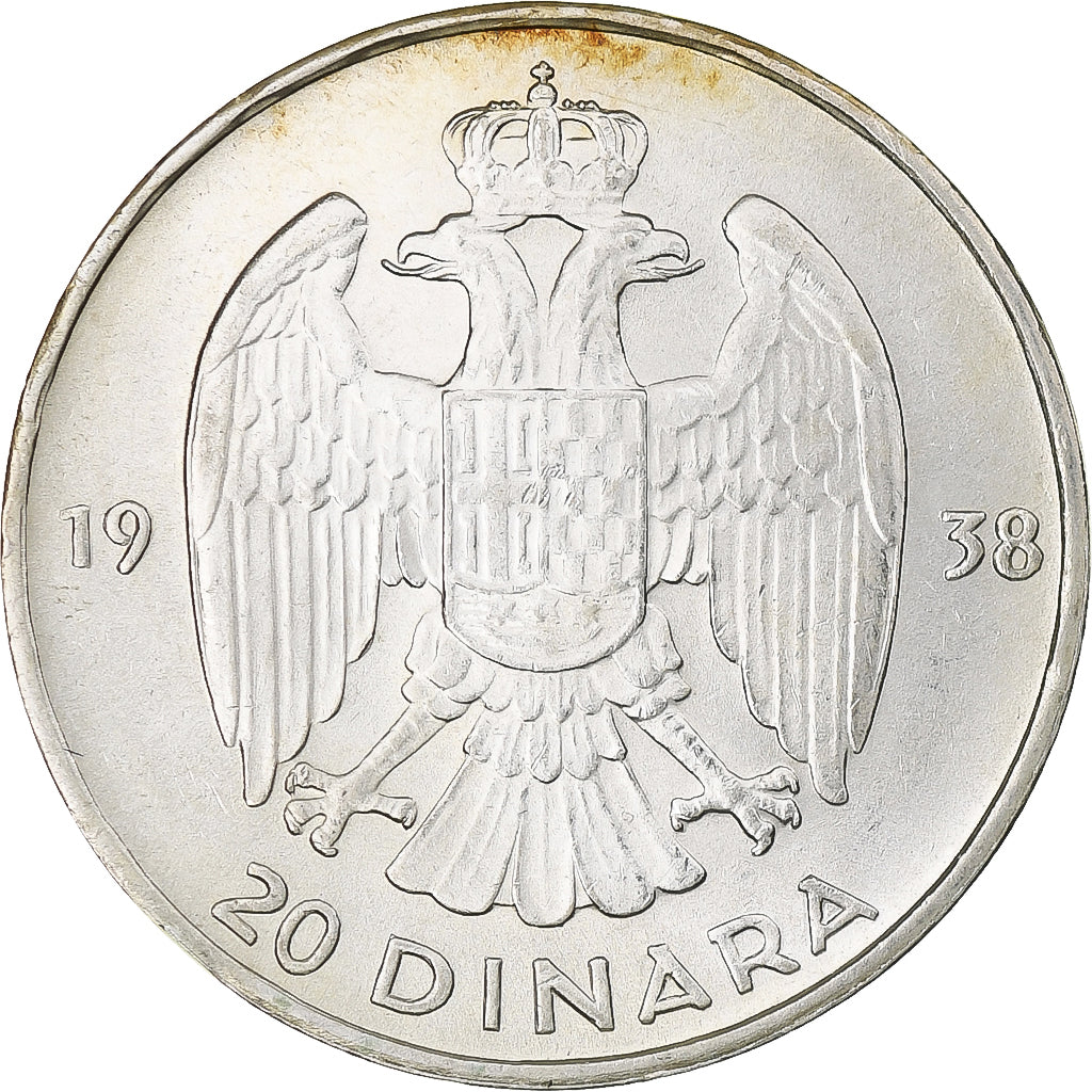 Yugoslavia, Petar II, 20 Dinara, 1938, AU(55-58), Silver, KM:23