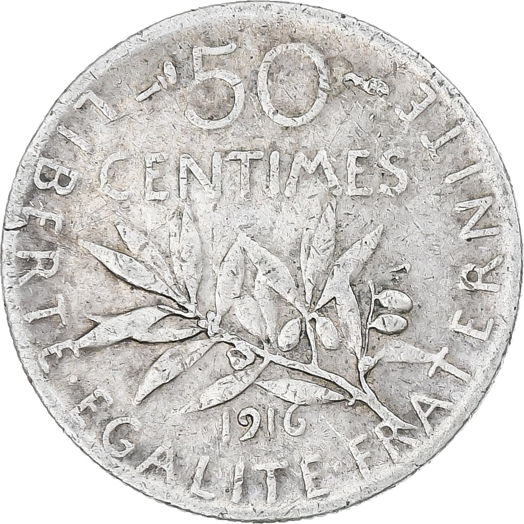 France, Semeuse, 50 Centimes, 1916, Paris, EF(40-45), Silver, Gadoury:420