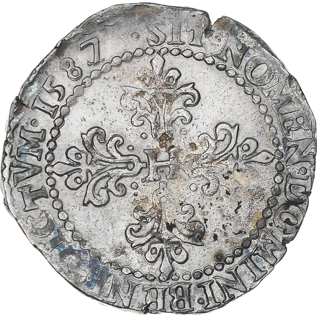Frankreich, Henri III, 1/2 franc au col gaufré, 1587, Rouen, SS, Silber
